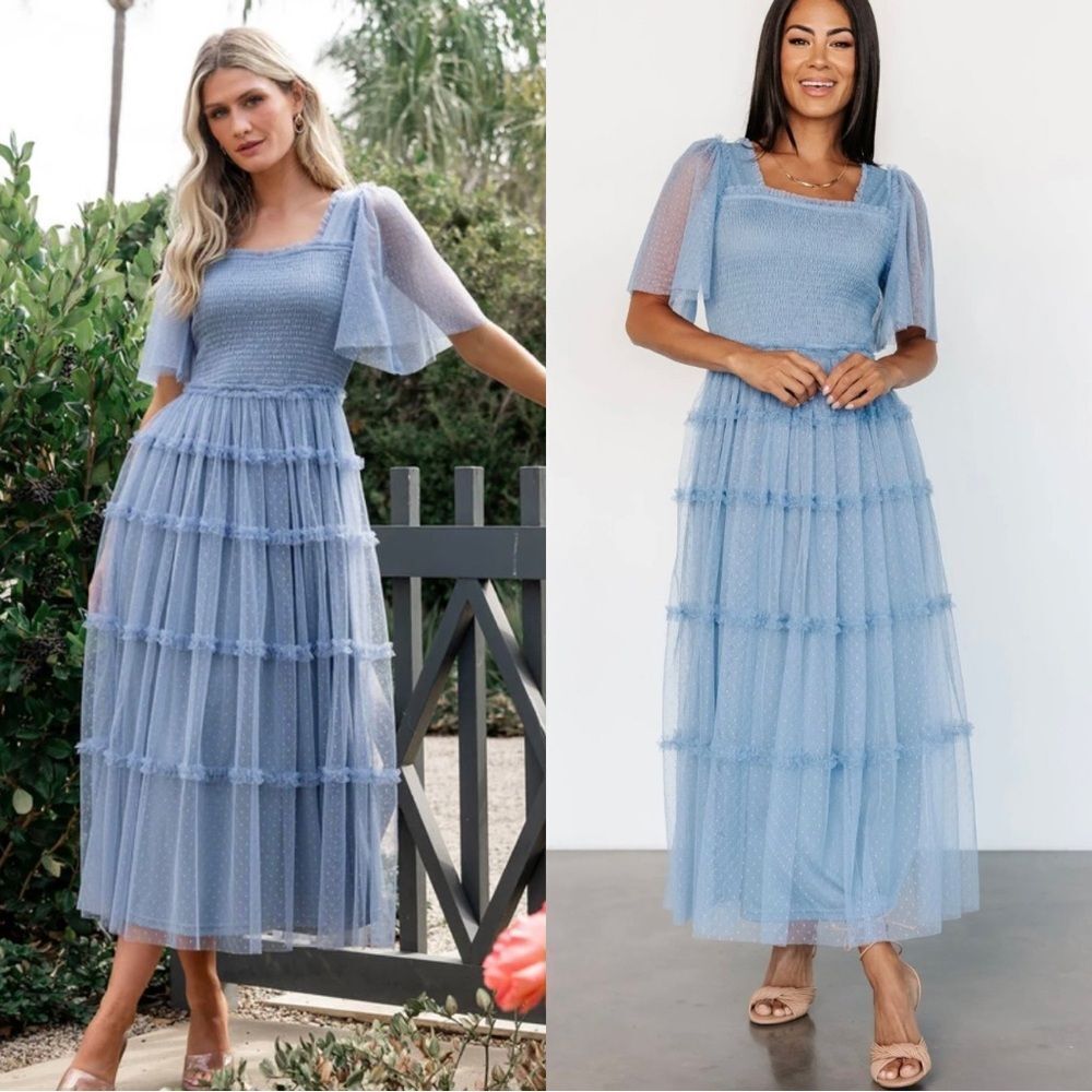 Light Blue Midi Tulle Dress with Square Neck